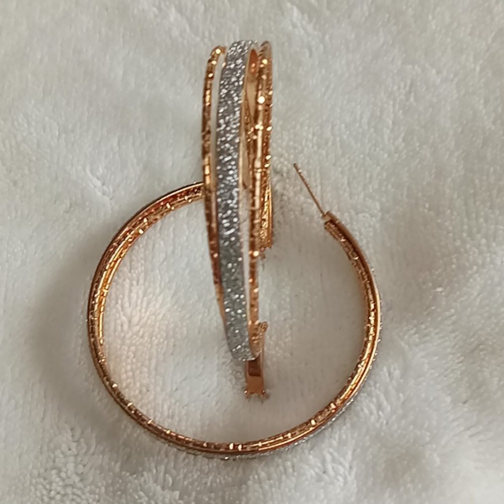 Gold Tone with Rhinestone Glittery Hoop Earrings